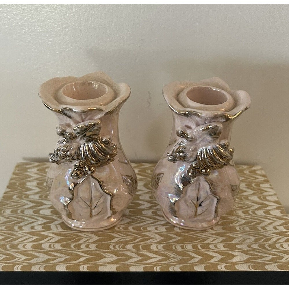 VTG Porcelain Pink & Gold Candle Holders Set Made In Japan Iridescent Luster